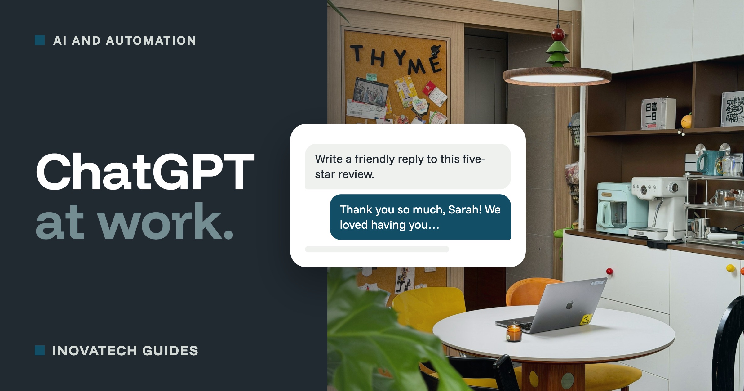 A laptop on a kitchen table, with a chat asking ChatGPT to write a friendly reply to a five-star review.