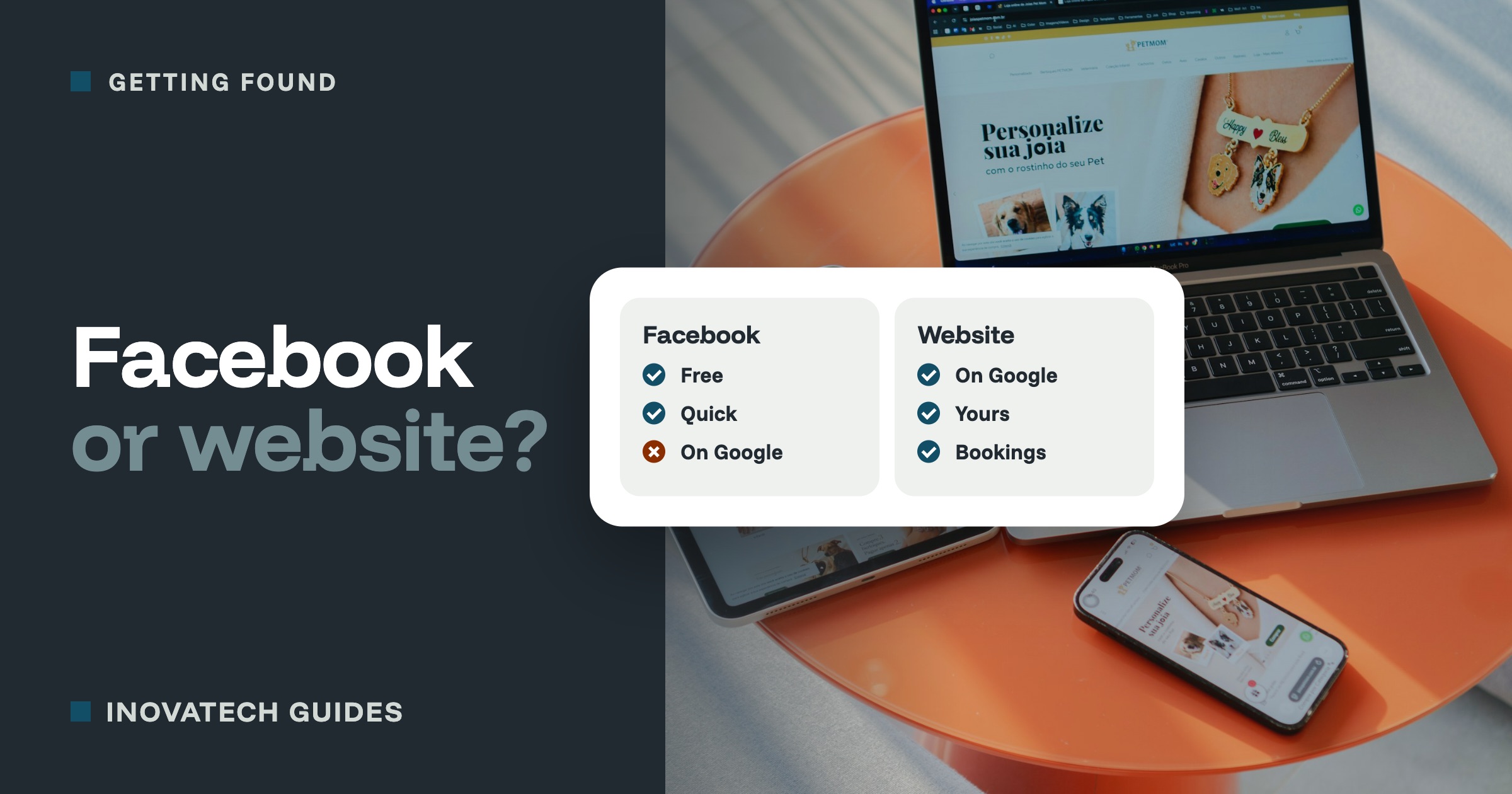 A shop's website on a laptop, tablet and phone, with a card comparing a Facebook page and a website.