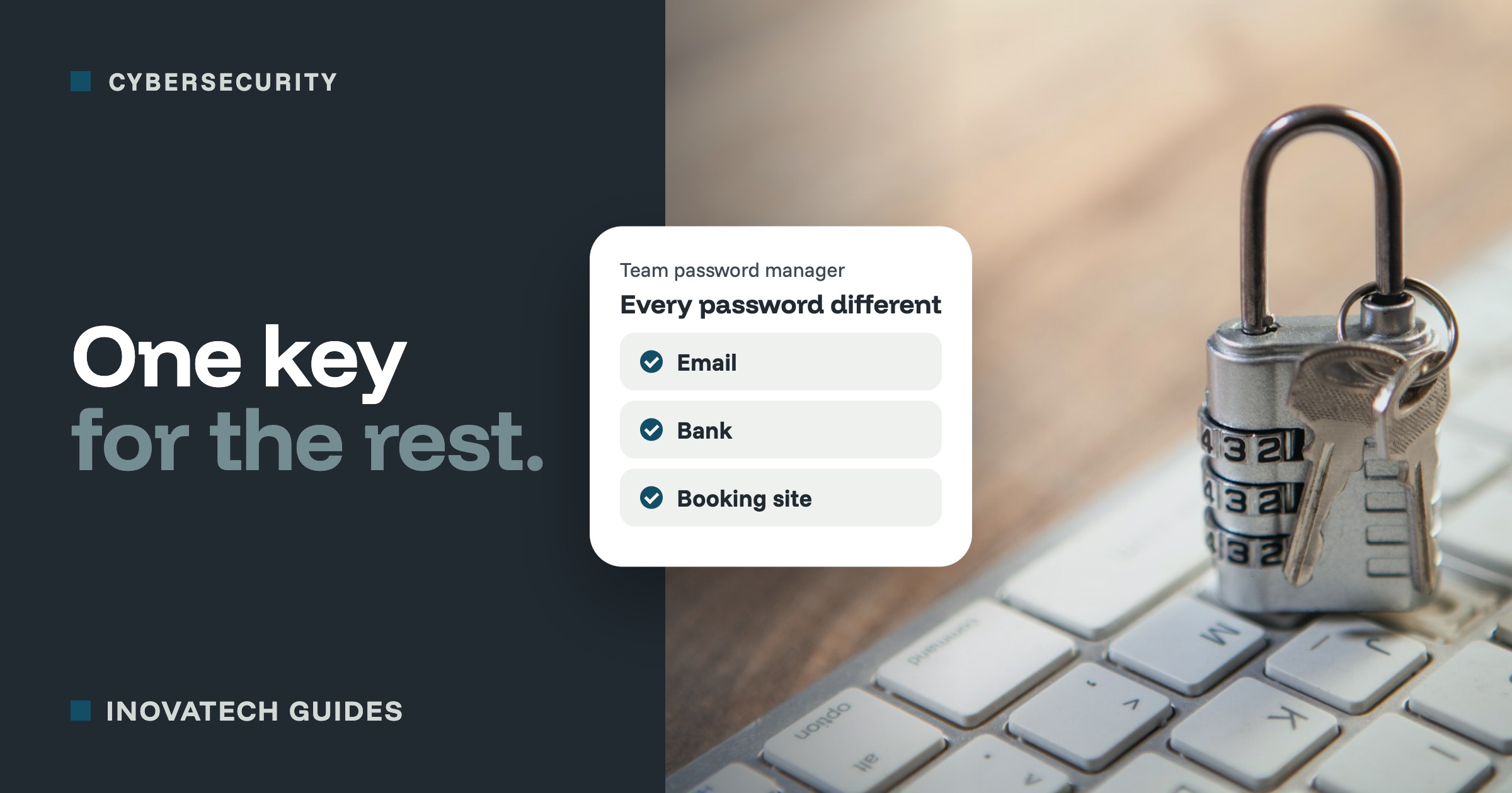A padlock with keys on a laptop keyboard, with a card showing a team password manager holding a different password for email, the bank and a booking site.